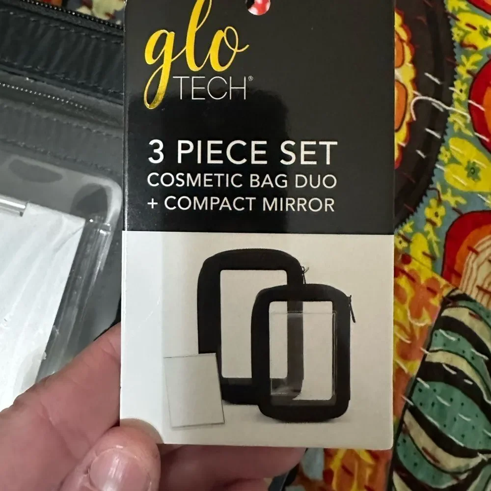 Glo Tech 3-Piece Cosmetic Bag Duo & Compact Mirror – Brand New